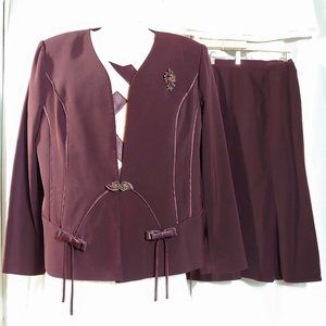 Carissimo Women's 3 PC Skirt Suit, Rhinestone Button Closure & Brooch Pin